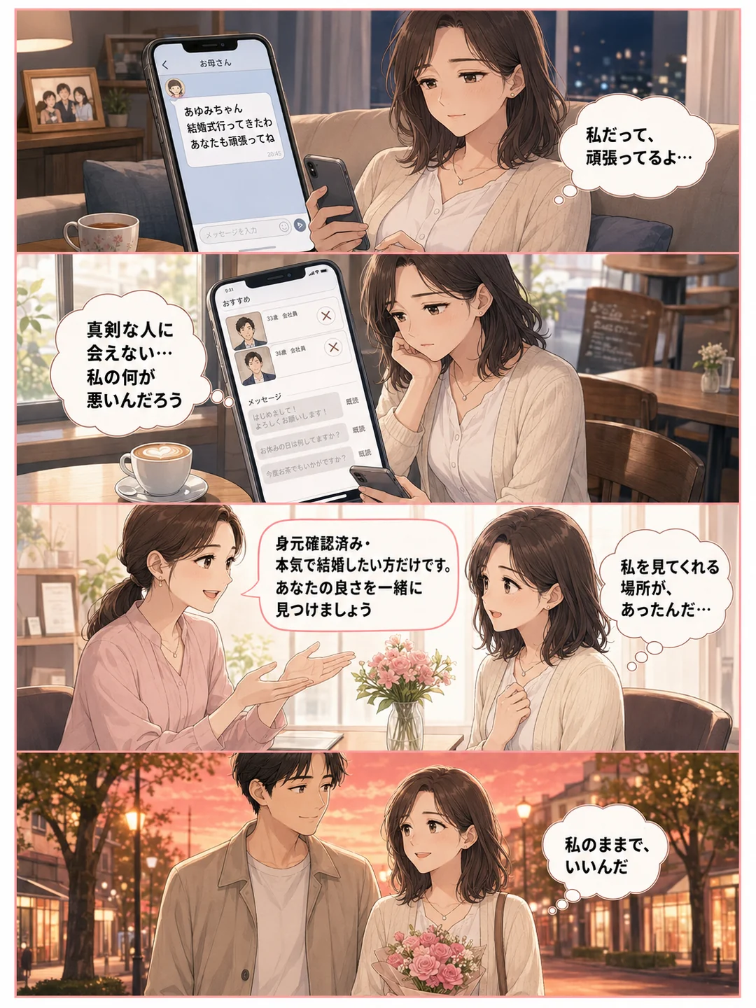婚活疲れの30代女性が結婚相談所に出会って安堵する4コマ漫画